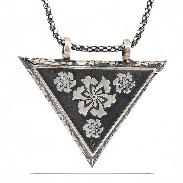 Sterling Silver Necklace - Engraved Floral Triangle Amulet Pendant