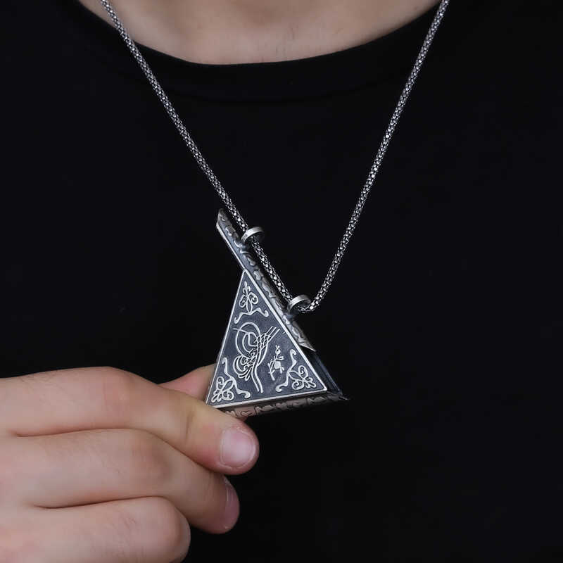 Sterling Silver Triangular Tughra Locket Necklace - Ottoman Style