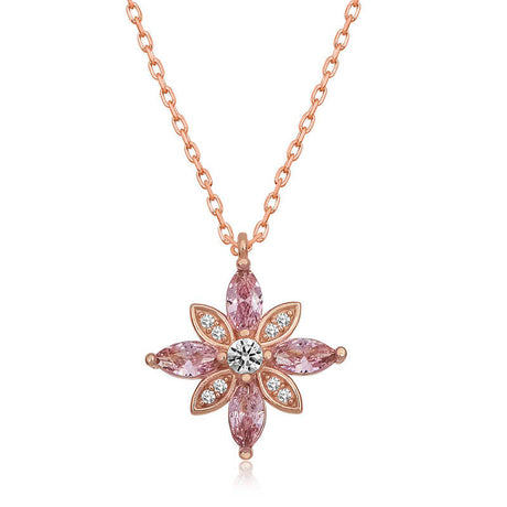 Rose Gold Plated Sterling Silver - Pink Marquise Stone Flower Pendant Necklace