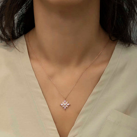 Rose Gold Plated Sterling Silver - Pink Marquise Stone Flower Pendant Necklace