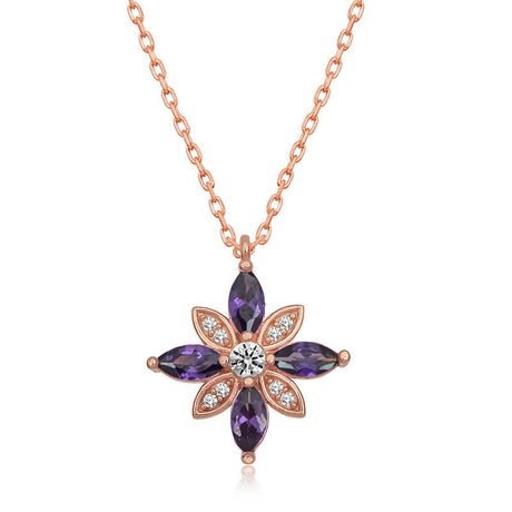 Rose Gold Tone Hope Flower Necklace - Amethyst & CZ Floral Pendant