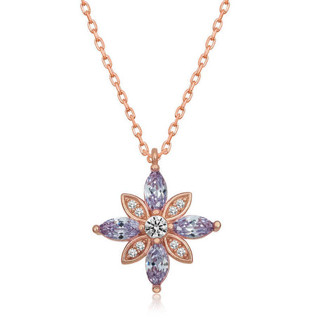 Necklace - Rose Gold Tone Lilac & Clear Stone Floral Pendant