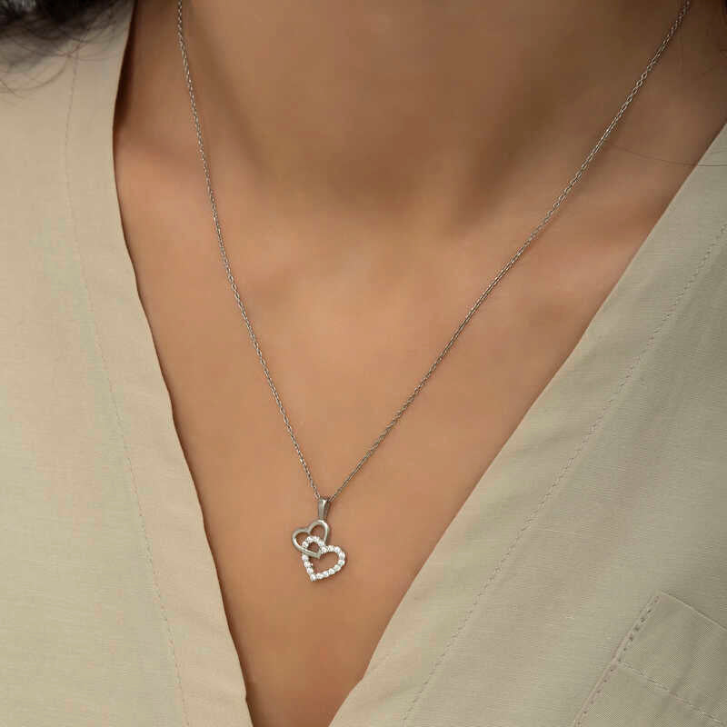 Sterling Silver Interlocking Hearts CZ Pendant Necklace