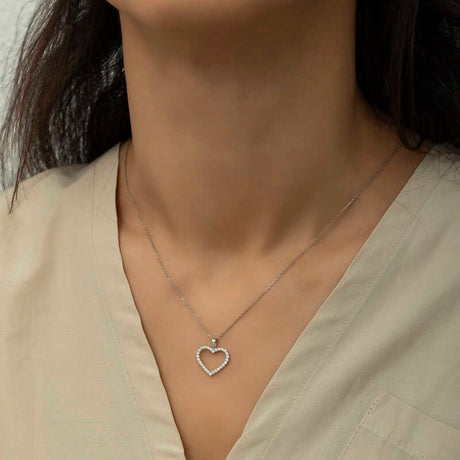 Sterling Silver Pave Heart Necklace - Dainty Sparkle Design