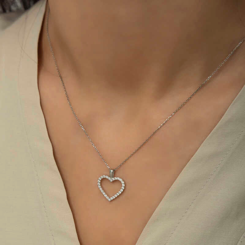 Sterling Silver Pave Heart Necklace - Dainty Sparkle Design