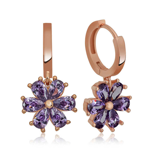 Rose Gold-Tone Purple Zirconia Floral Dangle Drop Earrings