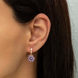 Rose Gold-Tone Purple Zirconia Floral Dangle Drop Earrings