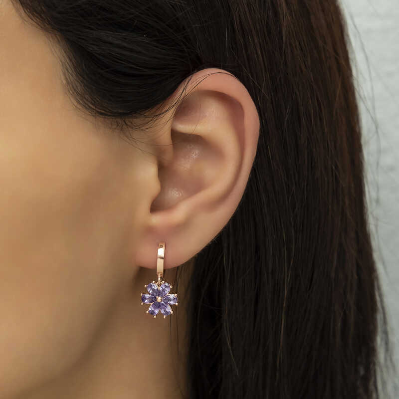 Rose Gold-Tone Purple Zirconia Floral Dangle Drop Earrings