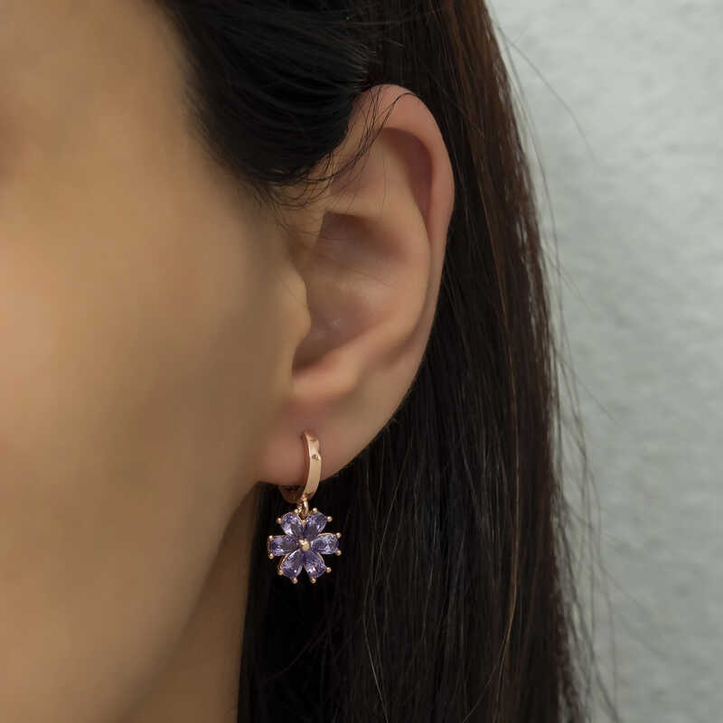 Rose Gold-Tone Purple Zirconia Floral Dangle Drop Earrings