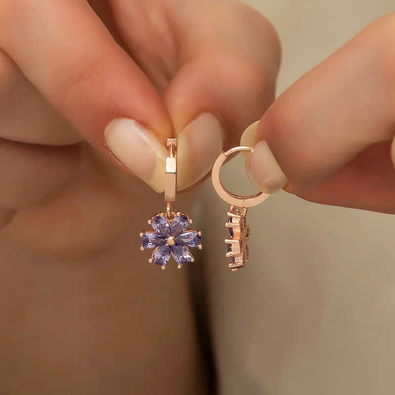 Rose Gold-Tone Purple Zirconia Floral Dangle Drop Earrings