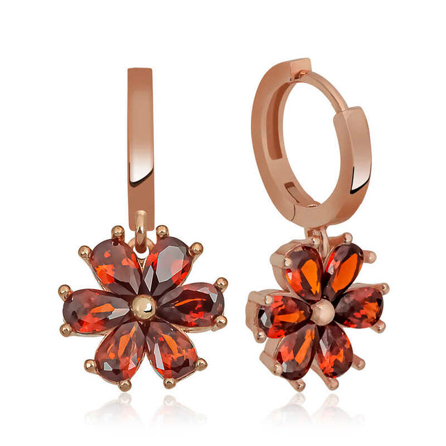 Hoop Dangle Earrings - Rose Gold-Tone Red Gemstone Floral Bloom