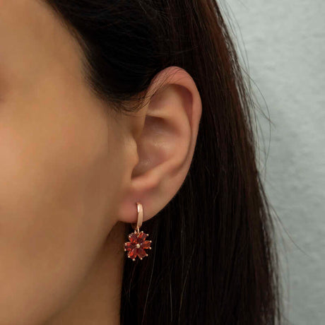 Hoop Dangle Earrings - Rose Gold-Tone Red Gemstone Floral Bloom