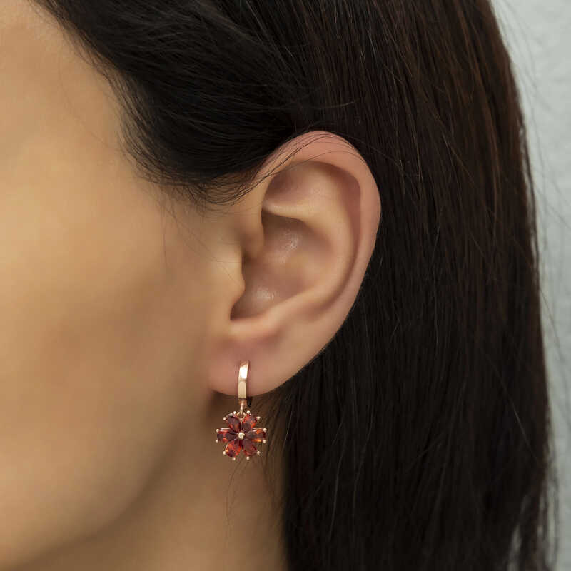 Hoop Dangle Earrings - Rose Gold-Tone Red Gemstone Floral Bloom