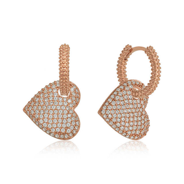 Rose Gold Plated Sterling Silver Pavé Heart Hoop Earrings