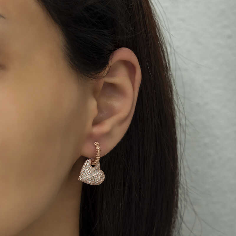 Rose Gold Plated Sterling Silver Pavé Heart Hoop Earrings
