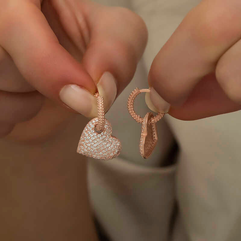Rose Gold Plated Sterling Silver Pavé Heart Hoop Earrings
