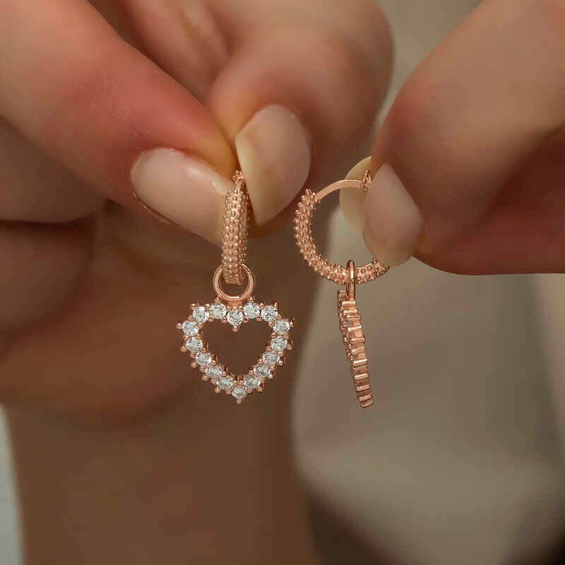 Rose Gold-Tone Hoop Dangle Earrings - Sparkling Heart Charm