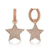 Rose Gold Plated Dangle Hoop Earrings - Pave Star Cubic Zirconia