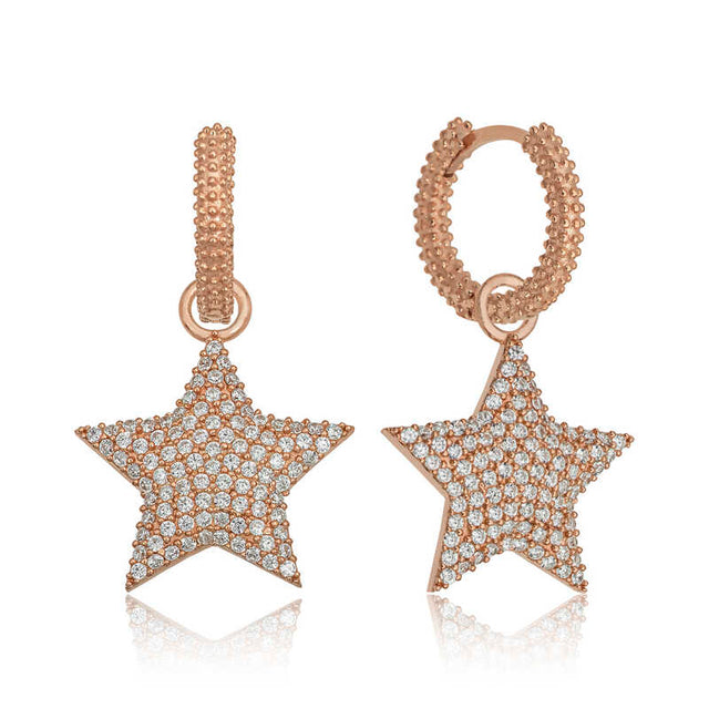 Rose Gold Plated Dangle Hoop Earrings - Pave Star Cubic Zirconia