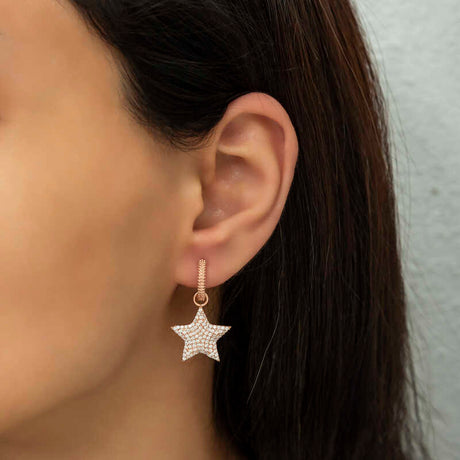 Rose Gold Plated Dangle Hoop Earrings - Pave Star Cubic Zirconia