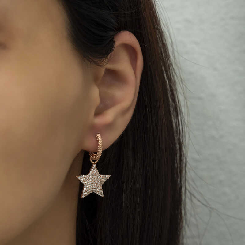 Rose Gold Plated Dangle Hoop Earrings - Pave Star Cubic Zirconia