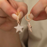 Rose Gold Plated Dangle Hoop Earrings - Pave Star Cubic Zirconia