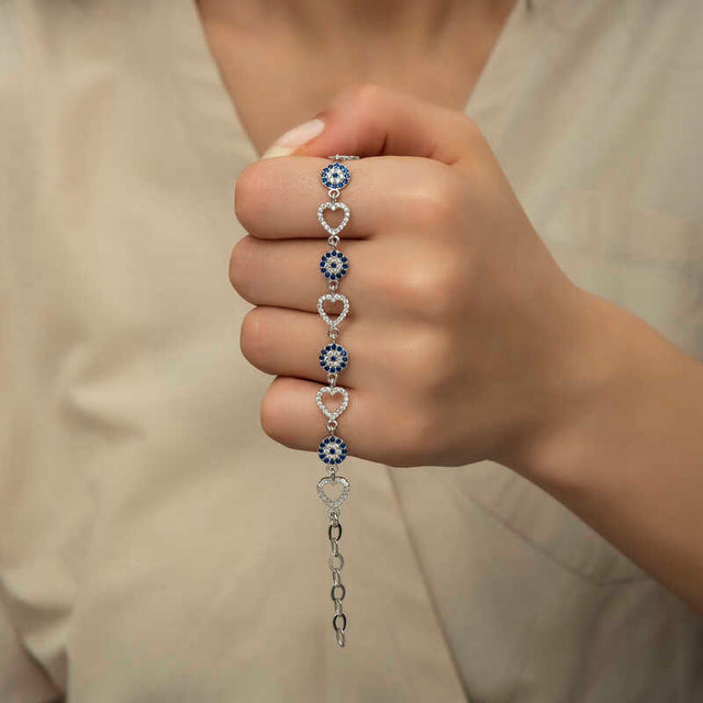 Sterling Silver Evil Eye & Heart Bracelet - Dainty Zirconia Charm