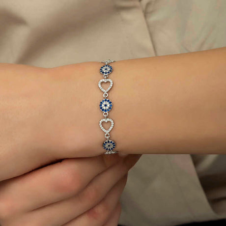 Sterling Silver Evil Eye & Heart Bracelet - Dainty Zirconia Charm