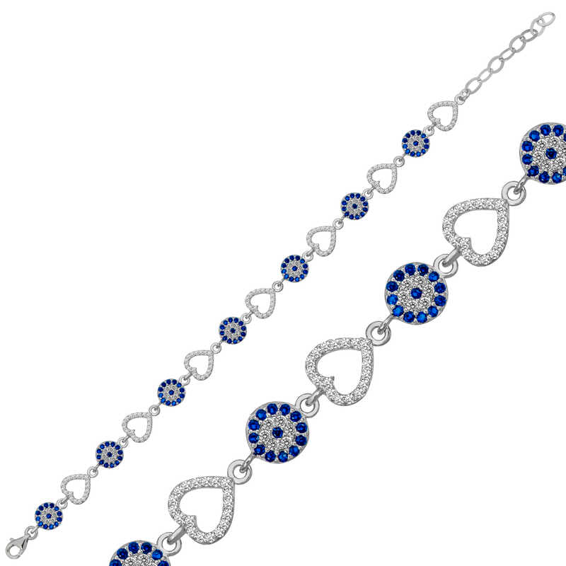 Sterling Silver Evil Eye & Heart Bracelet - Dainty Zirconia Charm