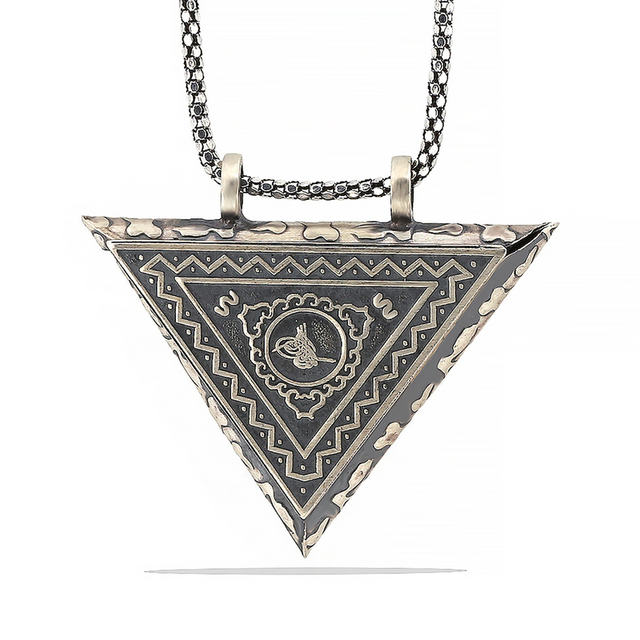 Sterling Silver Triangular Ottoman Tughra Amulet Locket Necklace