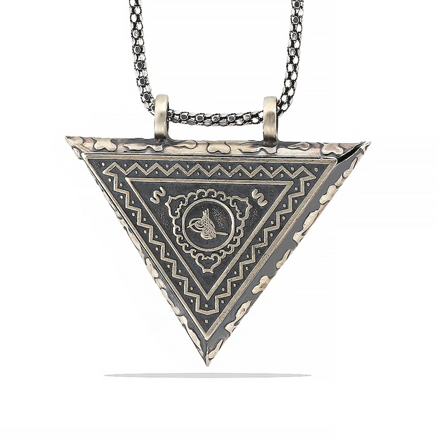 Sterling Silver Oxidized Triangular Tughra Locket Necklace