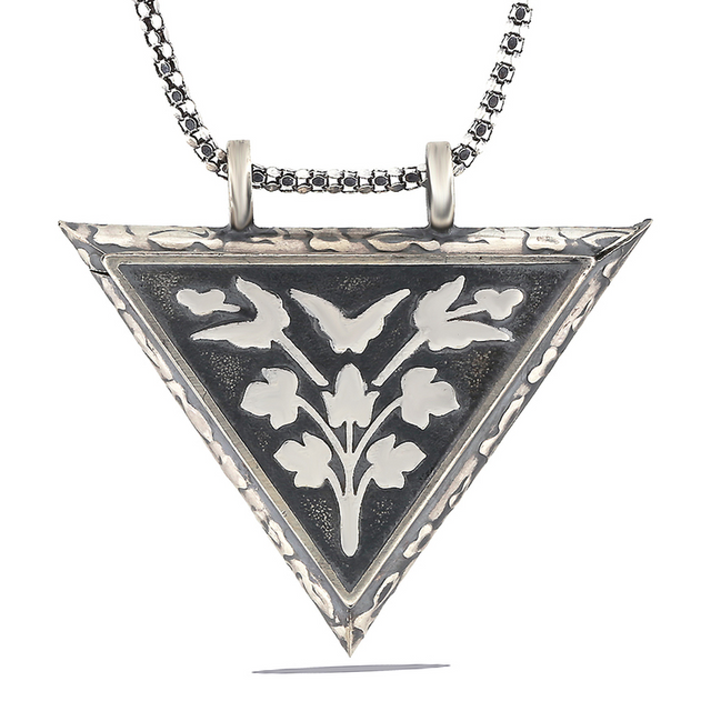 Sterling Silver Triangle Floral Amulet Locket Necklace