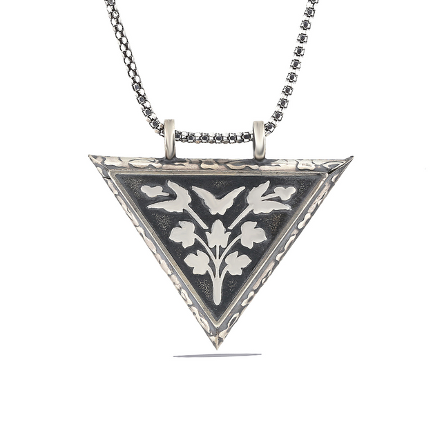 Sterling Silver Triangular Locket Necklace - Intricate Floral Design