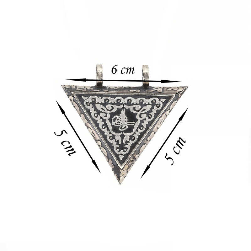 Sterling Silver Ornate Triangular Ottoman Tughra Amulet Pendant Necklace
