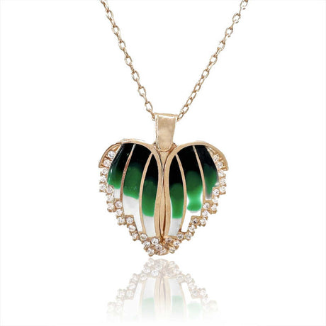 Rose Gold Tone Winged Heart Necklace - Green Enamel & Zirconia