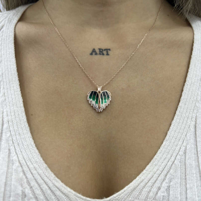 Rose Gold Tone Winged Heart Necklace - Green Enamel & Zirconia