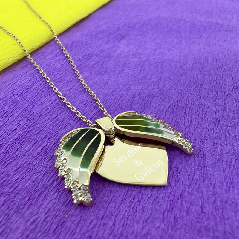 Rose Gold Tone Winged Heart Necklace - Green Enamel & Zirconia