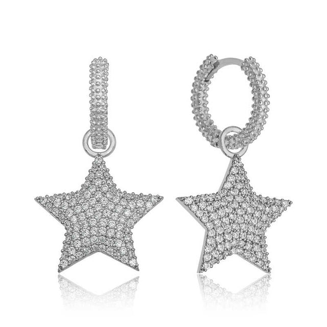Sterling Silver Pave Star Dangle Hoop Earrings