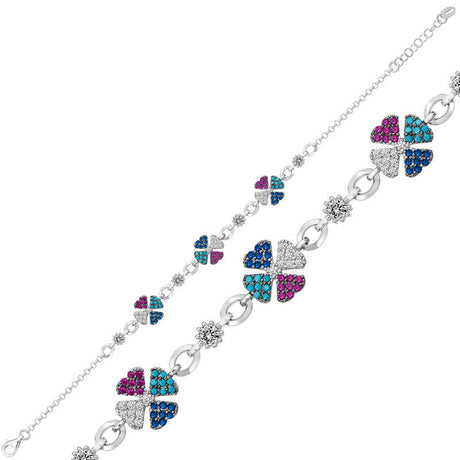 Sterling Silver - Colorful Four-Leaf Clover Lucky Charm Bracelet