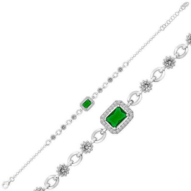 Sterling Silver - Dazzling Green Baguette & Zirconia Link Bracelet