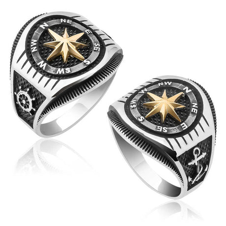Premium Silver Compass Anchor Men's Ring