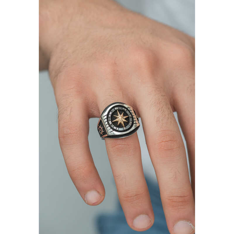Premium Silver Compass Anchor Men's Ring