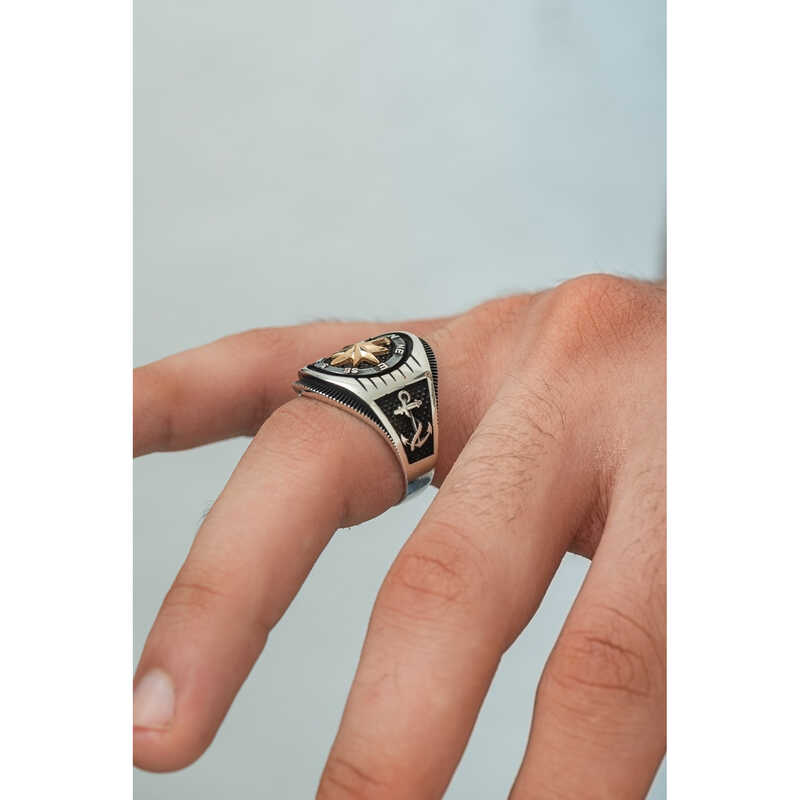 Premium Silver Compass Anchor Men's Ring