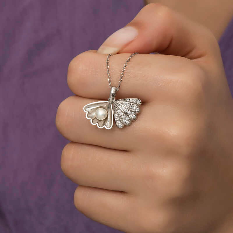 Necklace - Sterling Silver Pearl & Cubic Zirconia Oyster Shell