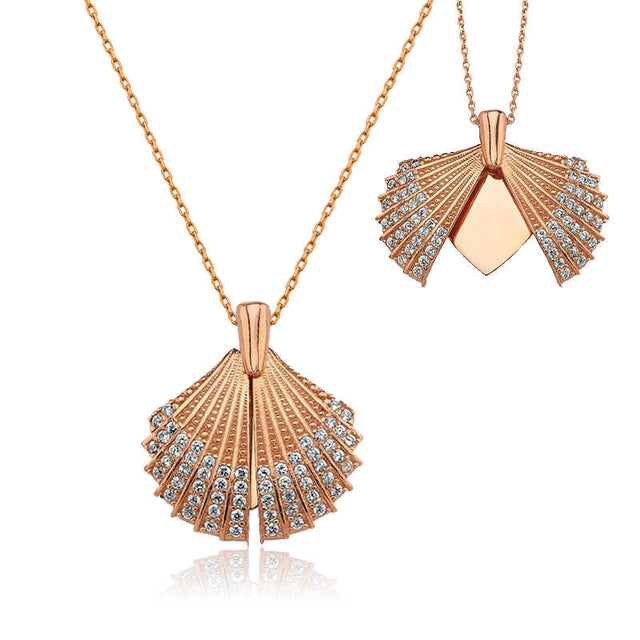 Rose Gold Plated Seashell Locket Necklace - Cubic Zirconia Dainty Design