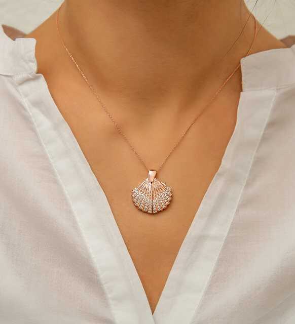 Rose Gold Plated Seashell Locket Necklace - Cubic Zirconia Dainty Design
