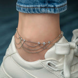 Sterling Silver Multi-Strand Anklet - Sparkling Bezel-Set White Stones