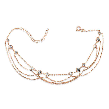 Rose Gold-Tone Anklet - Dainty Multi-Layered White Stone Chain