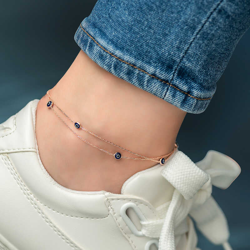 Anklet - Rose Gold Tone Double Chain Evil Eye Dainty