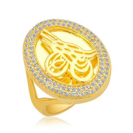 Ring - Gold-Tone Ottoman Tugra Statement Ring with Pave Zircon
